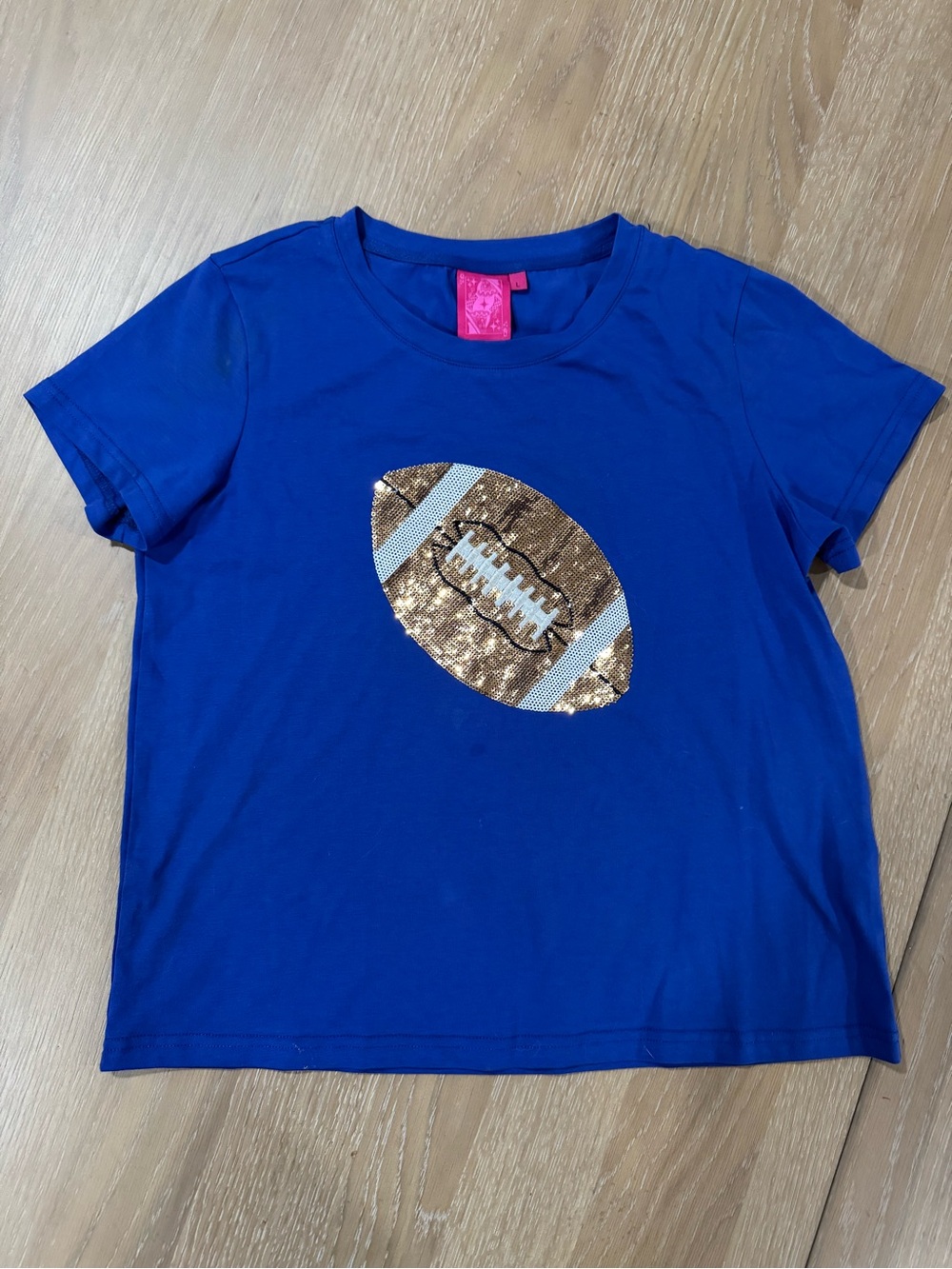 Queen of Sparkles Football Shirt in royal blue with sequenced football | girls L